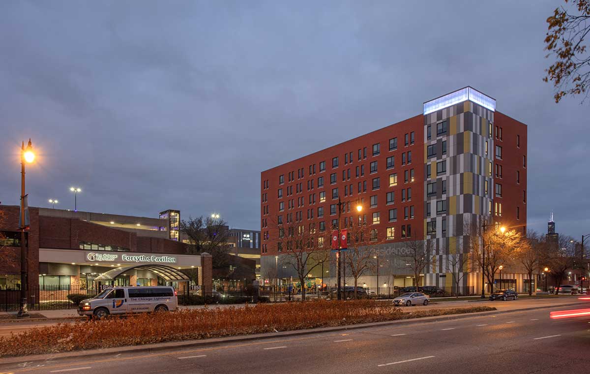 Evening exterior view of The Foglia Residences